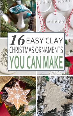 Collage of clay Christmas ornaments with snowflakes, trees, and mushrooms. Make Clay Christmas Ornaments, Diy Ornaments Christmas Personalized, Minimalist Christmas Ornaments Diy, Christmas Crafts Air Dry Clay, How To Make Ceramic Ornaments Diy, Diy Crafts Holiday, Homemade Clay Ornaments Recipe, Best Clay For Ornaments, Salt Dough Christmas Gifts