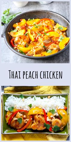 two pictures with different types of food in them and the words that peach chicken on top