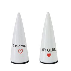 two white vases with i said yes and my girl written on the side each