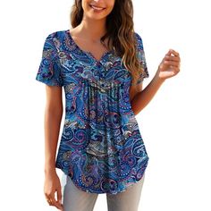 a.Jesdani Women's Plus Size Tunic Tops Short Sleeve V Neck Casual Blouses will make a great addition to your wardrobe.This large size top is made of 95% Polyester + 5% Spandex's Loose and stretchy fabric. This shirt uses V Neck with Buttons and Unique floral patterns, the middle can hide the muffin top perfectly; Casual / Home / Work / Vacation / Beach, this tunic shirt with swing hem drapes nicely. Size: XL.  Color: Multicolor.  Gender: female.  Age Group: adult. Work Vacation, Casual Blouses, Plus Size Tunic, Tops Short Sleeve, Casual Home, Home Work, Muffin Top, Vacation Beach, Tunic Shirt