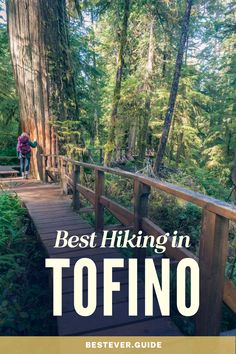 the best hiking in tofino guide is featured on top of a wooden bridge