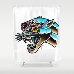 a shower curtain with an image of a panther wearing sunglasses