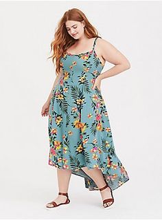 Sea Green Floral Challis Hi-Lo Maxi Dress - Plus Size | Torrid Green Leopard Print Dress, Goddess Maxi Dress, Sundress Floral, Button Maxi Dress, Striped Jersey Dress, Tropical Floral Pattern, Knit Skater Dress, Challis Fabric, Chiffon Midi Dress