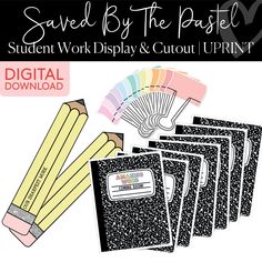 the student work display and cutout bundle includes pencils, books, and paper