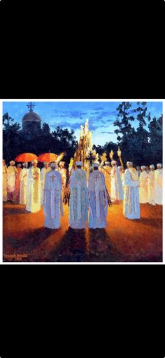 an oil painting of people in white robes and umbrellas at night with the sun shining on them