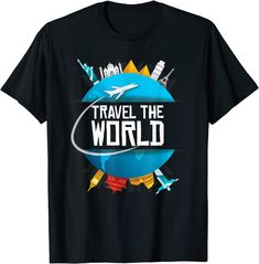 World Trip Travel Around The World T-shirt World Trip, Mens Workout Clothes, Trendy Tops, Summer Tshirts, Fashion Essentials, Travel Around The World, Crew Neck Tee, Travel Around, Fashion Tees