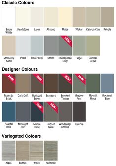 the different shades of paint for furniture and walls in various colors, including beiges, browns