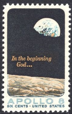 a stamp with the words in the beginning god and an image of earth on it