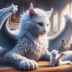 a white cat sitting on top of a table next to a baby dragon