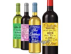 three bottles of wine are shown with the labels in different colors and designs on them