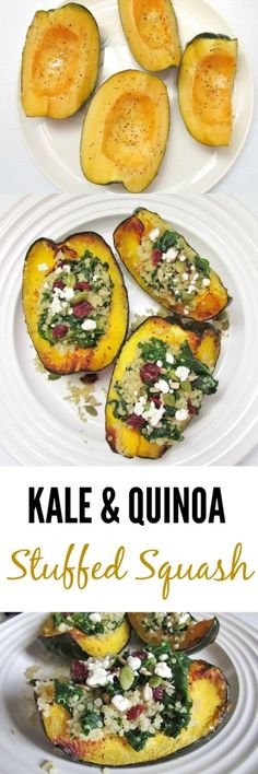 kale and quinoa stuffed squash on a white plate with text overlay