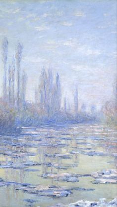 a painting of water lilies and trees in the distance with ice on the ground