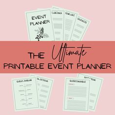 the ultimate printable event planner is shown in pink and white with text overlay