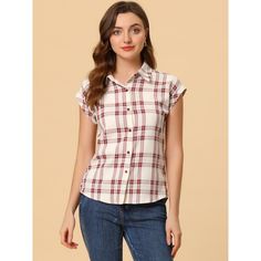 Look no further than this stylish short-sleeved plaid button-down shirt. The relaxed fit and turned-up sleeves make it a perfect choice for casual weekend outings, while the point collar and button closure front give it a touch of sophistication for more formal occasions. The plaid print and buttoned sides add a fun, playful element to this versatile piece. Whether you're running errands, meeting friends, or attending a party or church service, this shirt is sure to become a go-to favorite. Pair Summer Plaid, Tops Short Sleeve, Church Service, Casual Weekend, Floral Print Blouses, Plaid Shorts, Woven Top, Plaid Tops, Women's Shirts