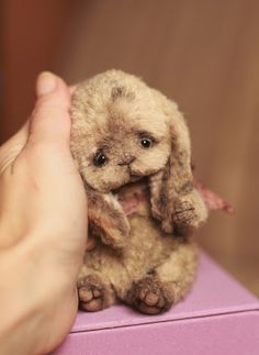 a small stuffed animal is being held by someone's hand on top of a pink box