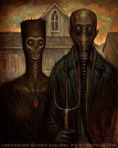 two people wearing gas masks are standing in front of a house with an alien head