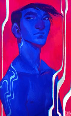 a painting of a young man in blue and red colors with lines coming out of his face