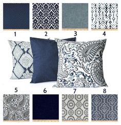 pillows with different patterns and colors to choose from for the pillow cover on the couch