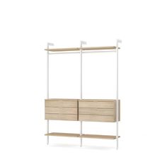 a white and wood shelf with two drawers on it's sides, against a white background