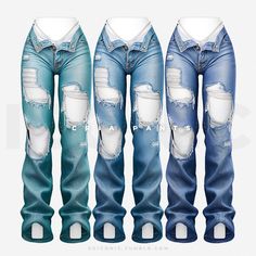 three different colored jeans with holes in the front and back, all ripped up to one side