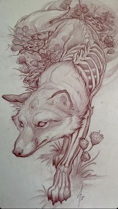 a drawing of a wolf with flowers on it's head and bones in the back