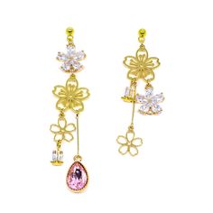 Earring Details: 18K Gold Vermeil Cubic Zirconia / Swarovski Crystals Anti-tarnish, Anti-allergy. Gold Dangle Flower Earrings With Cubic Zirconia, Formal Flower-shaped Gemstone Earrings, Pink Flower Crystal Earrings, Pink Cubic Zirconia Flower-shaped Earrings, Elegant Cubic Zirconia Flower-shaped Crystal Earrings, Blooming Flowers, Flower Earrings, Allergies, Gold Vermeil