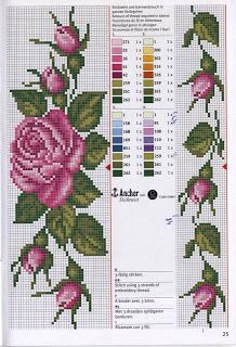 a cross stitch pattern with pink roses on the side and green leaves on the other side