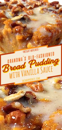 an image of bread pudding with vanilla sauce