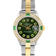 SKU#: 6917-TT-GRN-EMD-AM-4EMD-OYSPre-Owned Rolex 6917 Ladies 26mm Datejust Watch, Custom Green Emerald Dial & Custom Emerald and Diamond Bezel on Rolex Yellow Gold & Stainless Steel Oyster Band Model#: 6917 Case: Rolex 26mm Stainless Steel Case Movement: Rolex Automatic 2035 Caliber Dial: Custom Green Dial with Emerald Hour Markers (Not Made by Rolex) Bezel: Custom Emerald and Diamond Bezel (Not Made by Rolex) Band: Rolex Yellow Gold & Stainless Steel Oyster Band This Beautiful Watch Comes Fully Formal Green Watches With Diamond Hour Markers, Timeless Green Watch With Diamond Hour Markers, Formal Green Diamond Watch With Round Dial, Green Watches With Diamond Hour Markers, Green Chronograph Round Watch, Green Round Chronograph Watches, Rolex 26mm, Wooden Watch Box, Wooden Watch