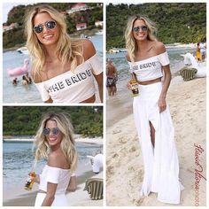 two photos of a woman on the beach wearing sunglasses and a crop top with one side slit