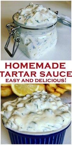 homemade tartar sauce in a blue cup with lemons