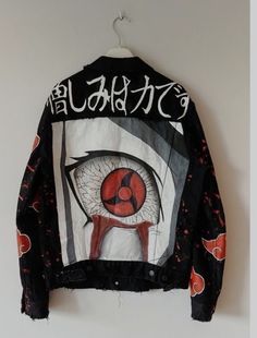 Custom jacket Itachi uchiha Mangekyou Sharingan, Denim Art, Diy Jacket, Custom Jeans, Distressed Jean Jacket