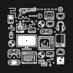 a black and white image of various electronic gadgets on a dark background with space for text