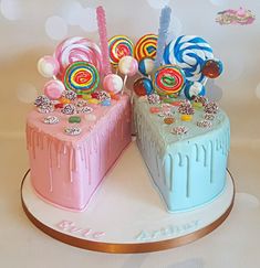 two cakes decorated with candy and lollipops