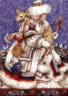 a painting of santa claus and his reindeer