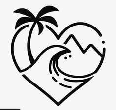 a heart with palm trees and mountains in the background