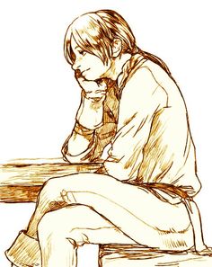 a drawing of a man sitting at a table with his head in his hands and looking down