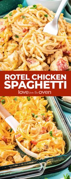 the cover of rotel chicken spaghetti love from the oven