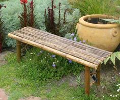 a wooden bench sitting next to a potted plant