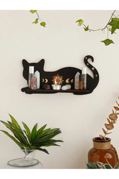 Moon and Sun Cat Shelf Feline Energy, Witch Home Decor, Nordic Room, Cosmic Cat, Gothic Room, Witchy Home Decor, Hippy Room, Crystal Shelves, Crystal Holder