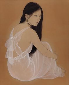 a painting of a woman in white dress sitting on the ground with her legs crossed