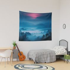 Transform your bedroom with a tapesry featuring stunning mountain views and a serene mountain aesthetic. Inspired by mountain photography and mountain art, it showcases an illustration of mountains under a blue sky. Perfect for mountain hiking enthusiasts and those who love night sky art with night sky stars and watercolor vibes. This piece adds beautiful mountain scenery to your space.