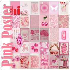 a collage of pink and white images