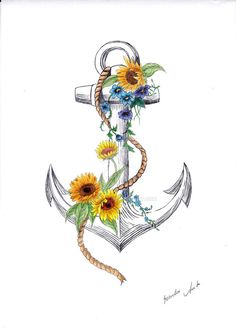 an anchor with sunflowers and other flowers on it