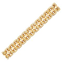 Of fancy tank track links 18k yellow gold 7 ¼ x ⅞ ins; Gross weight 42.6 dwts 18k Gold Bracelet, Gold Link Bracelet, Wide Bracelet, Gold Link, Yellow Gold Bracelet, Gold Texture, Vintage Bracelets, Chain Link Bracelet, 18k Rose Gold