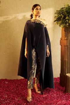 Shop for Tasuvure Indies Blue Pleated Cape And Brocade Pant Set for Women Online at Aza Fashions Brocade Pants Outfit Indian, Partywear Coord Sets For Women, Brocade Cord Set, Brocade Pants Outfit, Asymmetric Cape, Brocade Pants, Salwar Design, Indo Western Outfits For Women, Floral Cape