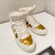 Gold And White Gucci High Top Sneakers Size 7 But Fits As Well A Size 8 Gucci High Top, Gucci High Top Sneakers, Gucci High Tops, Gold Sneakers, Gucci Shoes, Womens Shoes Sneakers, High Top, Top Sneakers, High Top Sneakers