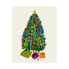 a drawing of a christmas tree with presents around it