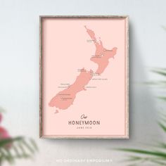 a pink poster with the name and map of new zealand on it in front of a potted plant