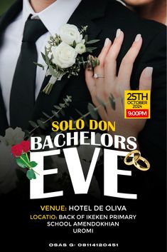 the poster for bachelors eve shows two men in tuxedos and one woman in a wedding dress